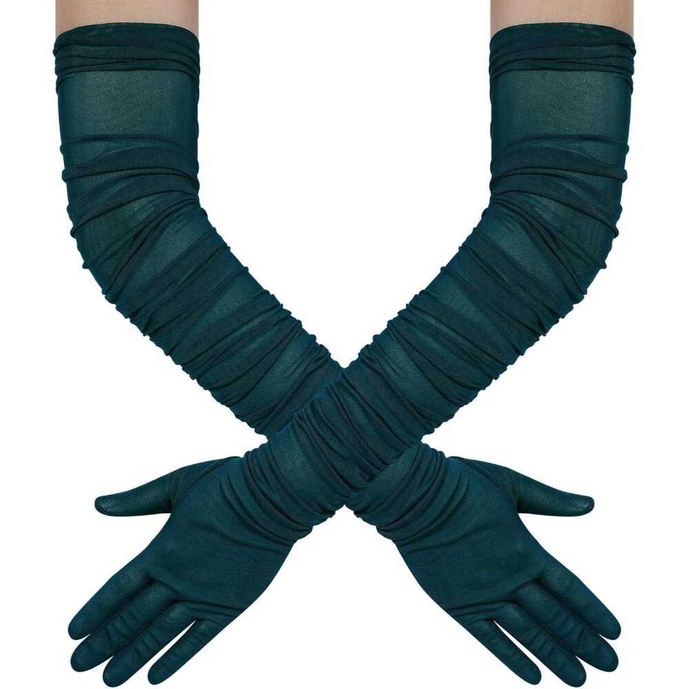 Women's Peacock Stretchy Tulle Spandex Mesh Sheer Satin Long Gloves Party Prom